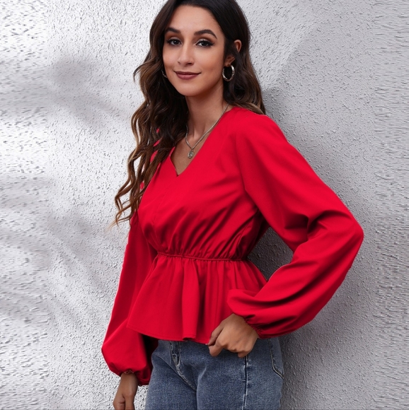 White V-Neck Peplum Top with Stylish Balloon Sleeves - Picture 8 of 9